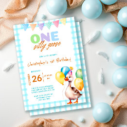Funny One Silly Goose Blue Boy 1st Birthday Invitation