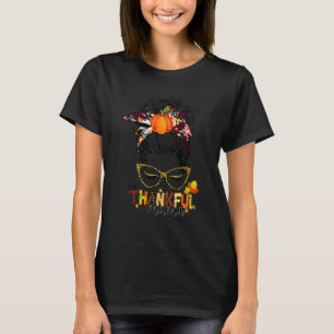 Funny One Thankful Mama Messy Bun Fall Autumn Than T-Shirt