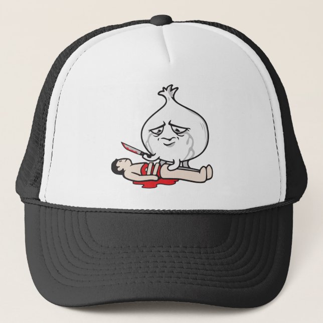 Funny Onion Crying, Cutting Human Trucker Hat (Front)