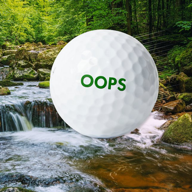Funny 'Oops' Humour Joke Quirky Novelty Golf Balls (A funny novelty golf ball with 'Oops' caption in green on a classic white background)