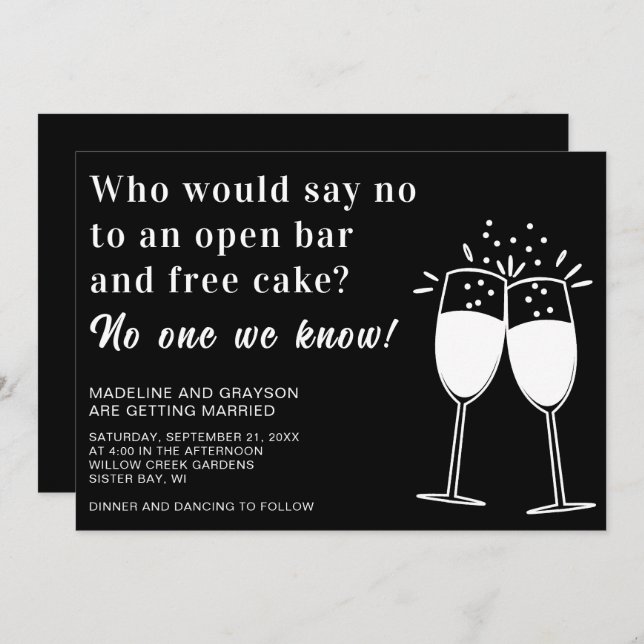 Funny Open Bar Free Cake Casual Wedding Invitation (Front/Back)