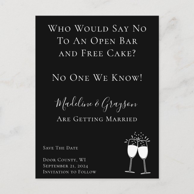 Funny Open Bar Free Cake Wedding Save The Date  Announcement Postcard (Front)