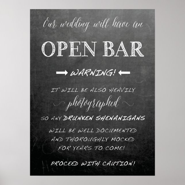 Funny Open Bar Wedding sign | Chalkboard style (Front)