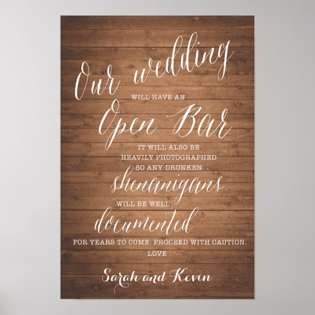 Funny Open Bar Wedding sign | Personalised names (Front)