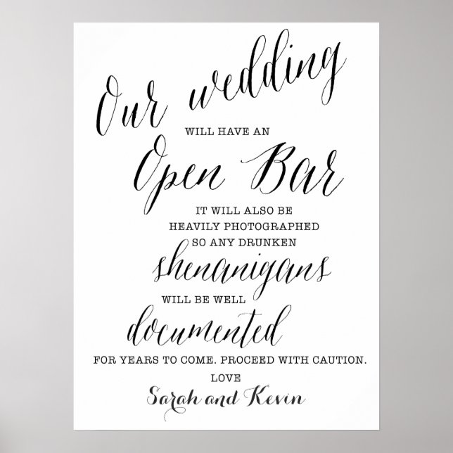 Funny Open Bar Wedding sign | Personalised names (Front)