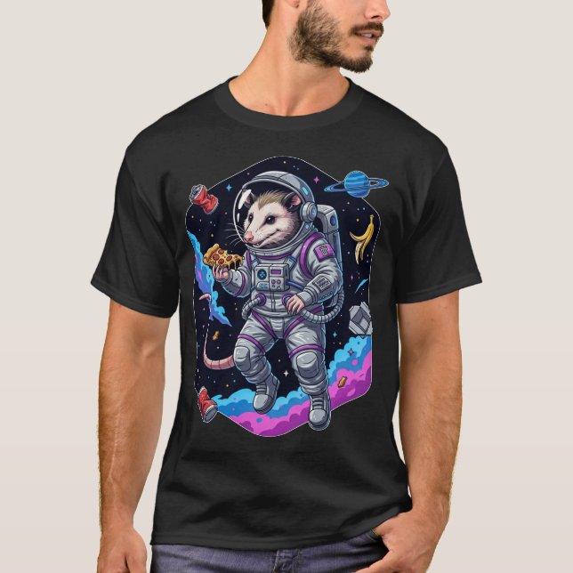 Funny Opossum Astronaut Eating Pizza Space T-Shirt (Front)