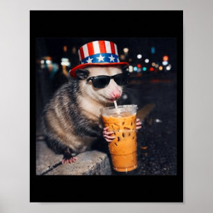Funny Opossum Iced Coffee Meme Retro Urban Gen Z Poster