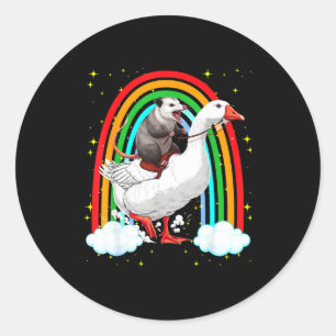 Funny opossum riding goose rainbow chaotic trash classic round sticker