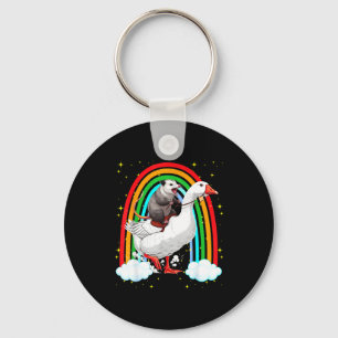 Funny opossum riding goose rainbow chaotic trash key ring