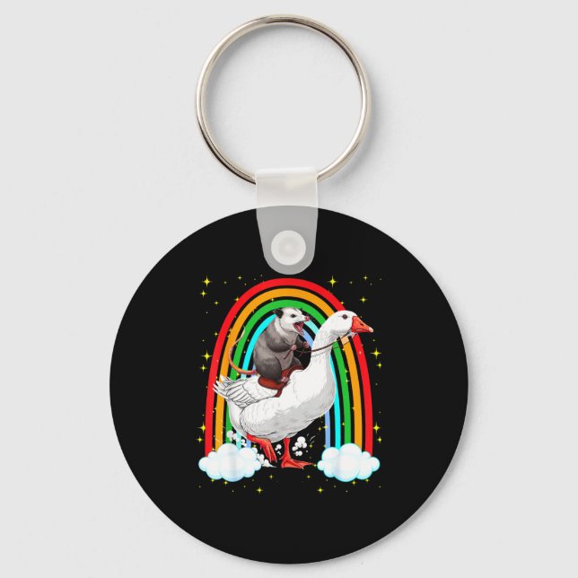 Funny opossum riding goose rainbow chaotic trash key ring (Front)