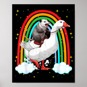 Funny Opossum Riding Goose Rainbow Chaotic Trash Poster