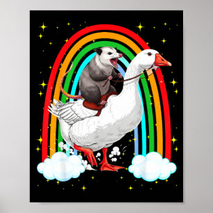 Funny opossum riding goose rainbow chaotic trash poster