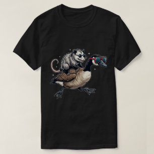 Funny Opossum Riding Goose With Sunglasses Cartoon T-Shirt