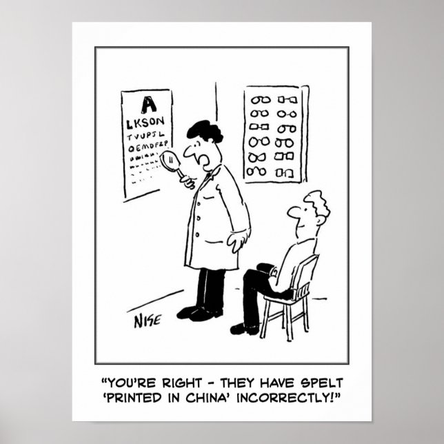 Funny Optician Cartoon has Optician and Eye-Test Poster (Front)