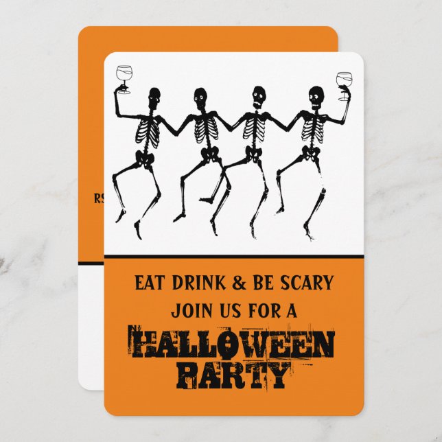 Funny Orange & Black Dancing Skeleton Halloween Invitation (Front/Back)