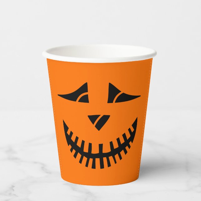 Funny Orange Black Pumpkin Face Halloween Paper Cups (Front)