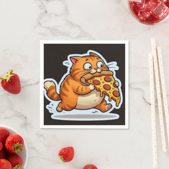 Funny Orange Cat Eating Pizza Cartoon Napkin (Insitu)