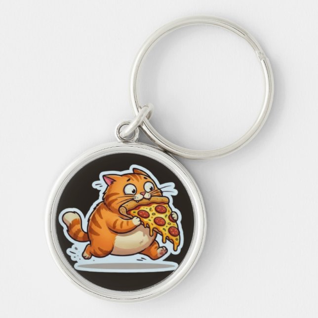 Funny Orange Cat Eating Pizza Graphic Key Ring (Front)