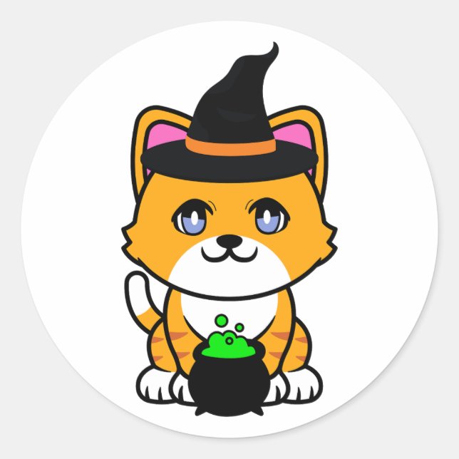 Funny orange cat is a witch classic round sticker (Front)