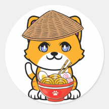 Funny orange cat is eating noodles