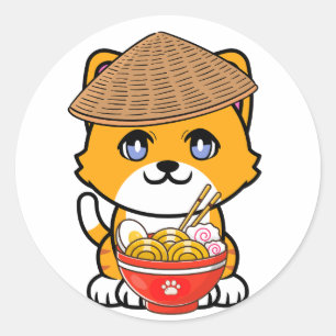 Funny orange cat is eating noodles classic round sticker