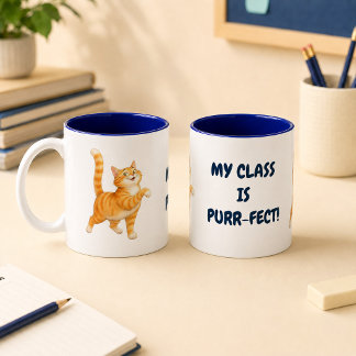 Funny Orange Cat My Class Is Purr-fect Navy Blue  Two-Tone Coffee Mug