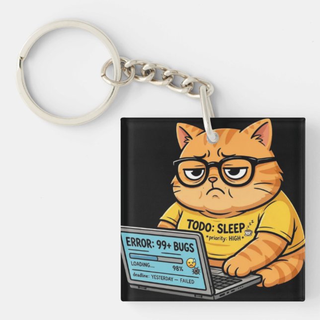 Funny Orange Cat Programmer Keychain (Front)