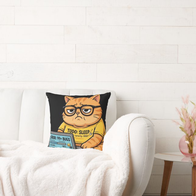 Funny Orange Cat Programmer Throw Pillows (Couch)