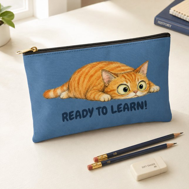 Funny Orange Cat Ready to Learn Denim Blue Pencil  Accessory Pouch (Funny Orange Cat Ready to Learn Denim Blue Pencil Accessory Pouch)