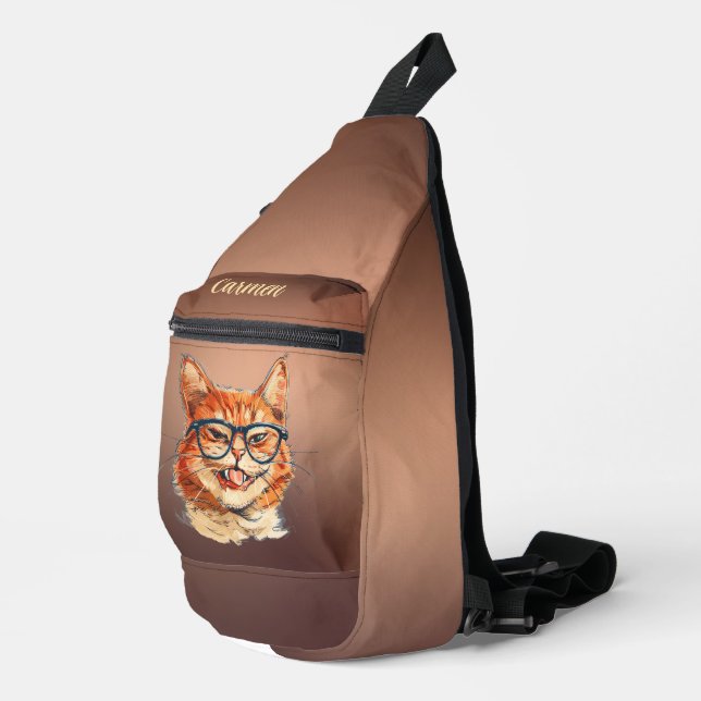 Funny Orange Cat With Glasses Gradient Copper Sling Bag (Right Corner)