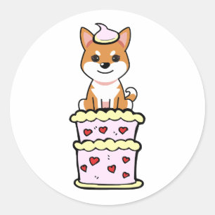 Funny orange dog jumping out of a cake classic round sticker