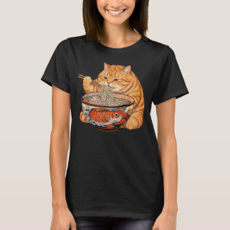 Funny Orange Fat Cat Eating Ramen T-Shirt