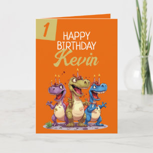 Funny Orange & Green Candle Trex Boy 1st Birthday Card