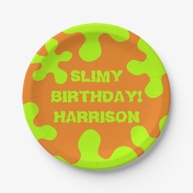 Funny orange green slime custom name birthday  paper plate (Front)