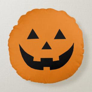Funny orange Jack o lantern pumpkin face Halloween Round Cushion