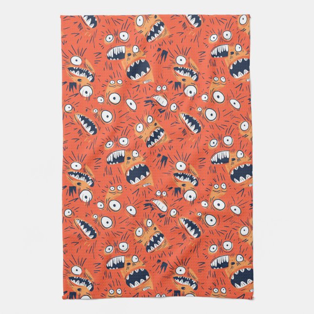 Funny Orange Monster Shouting Face  Tea Towel (Vertical)