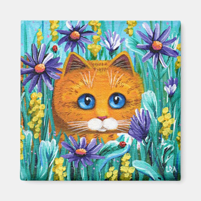 Funny Orange Tabby Cat Mouse Flowers Creationarts Magnet (Front)
