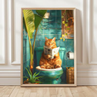 Funny Orange Tabby Cat on Toilet Print, Bathroom