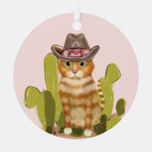 Funny Orange Tabby Cowboy Cat Metal Tree Decoration