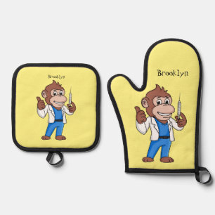 Funny orangutan ape cartoon doctor oven mitt & pot holder set