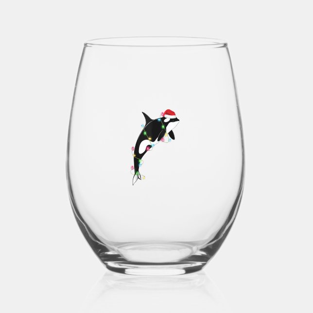 Funny Orca Killer Whale Santa Hat Christmas Sea An Stemless Wine Glass (Front)