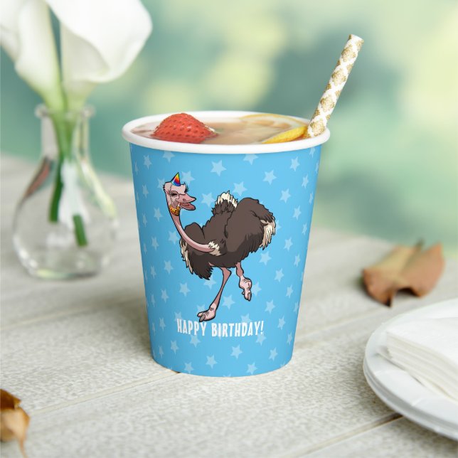 Funny Ostrich Happy Birthday Party Animal Cartoon Paper Cups (Insitu)