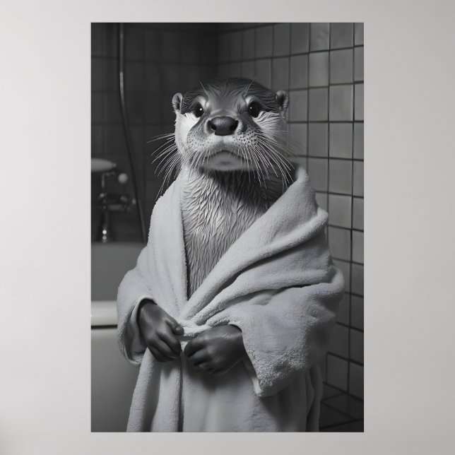 Funny Otter in Bathrobe Print, Bathroom Humor Poster (Front)