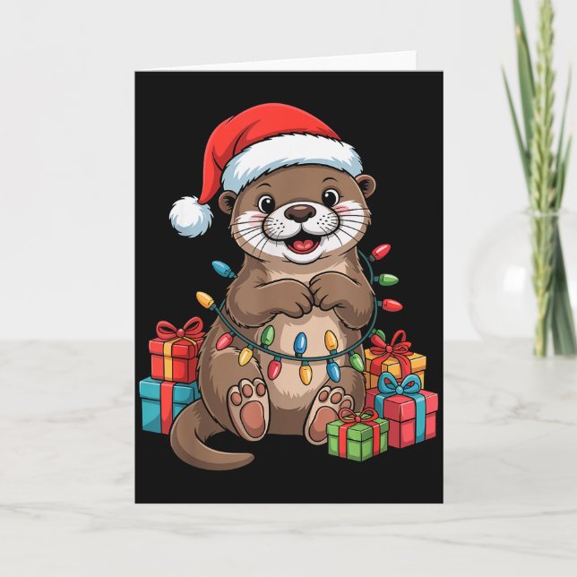 Funny Otter Santa Hat Animals Lovers Ugly Christma Card (Front)