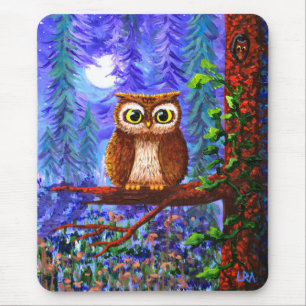 Funny Owl Forest Moon Whimsical Creationarts Mouse Pad
