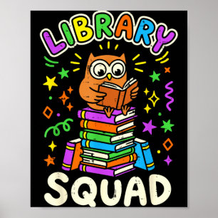 Funny owl library squad reading book lover kids poster