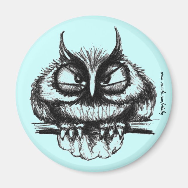 Funny owl pen ink drawing art magnet design (Front)