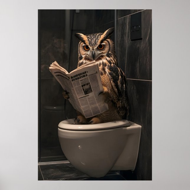 Funny Owl Reading Newspaper on Toilet, Bathroom Poster (Front)