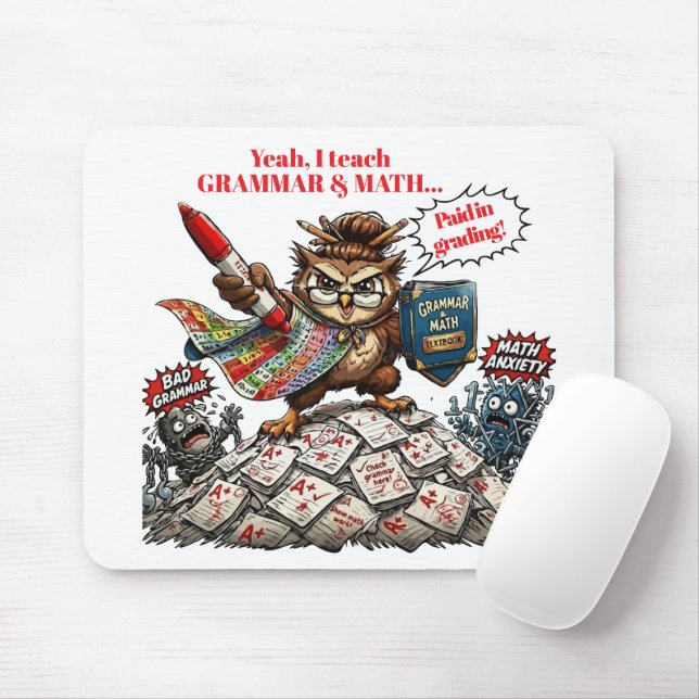 Funny Owl Teacher Mascot - Grammar & Math Hero -  Mouse Pad (With Mouse)