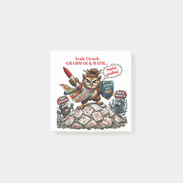 Funny Owl Teacher Mascot - Grammar & Math Hero -  Post-it Notes (Front)